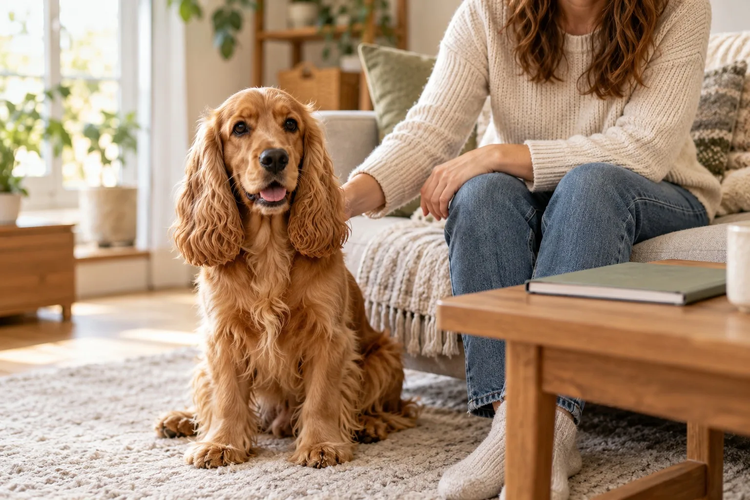Owner seated with a long-eared dog in a sunlit home